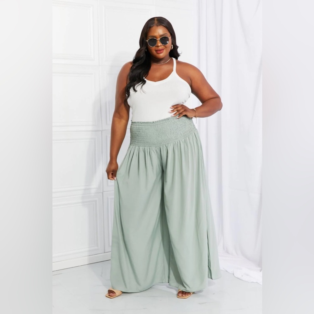HEYSON Sage Green Smocked Waist Palazzo Pants